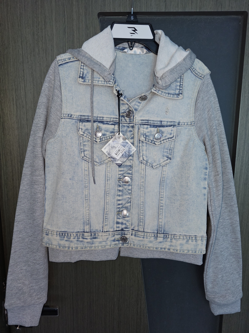 Light Wash Womens Denim Jacket with Gray Sleeves And Removable Hood Size S